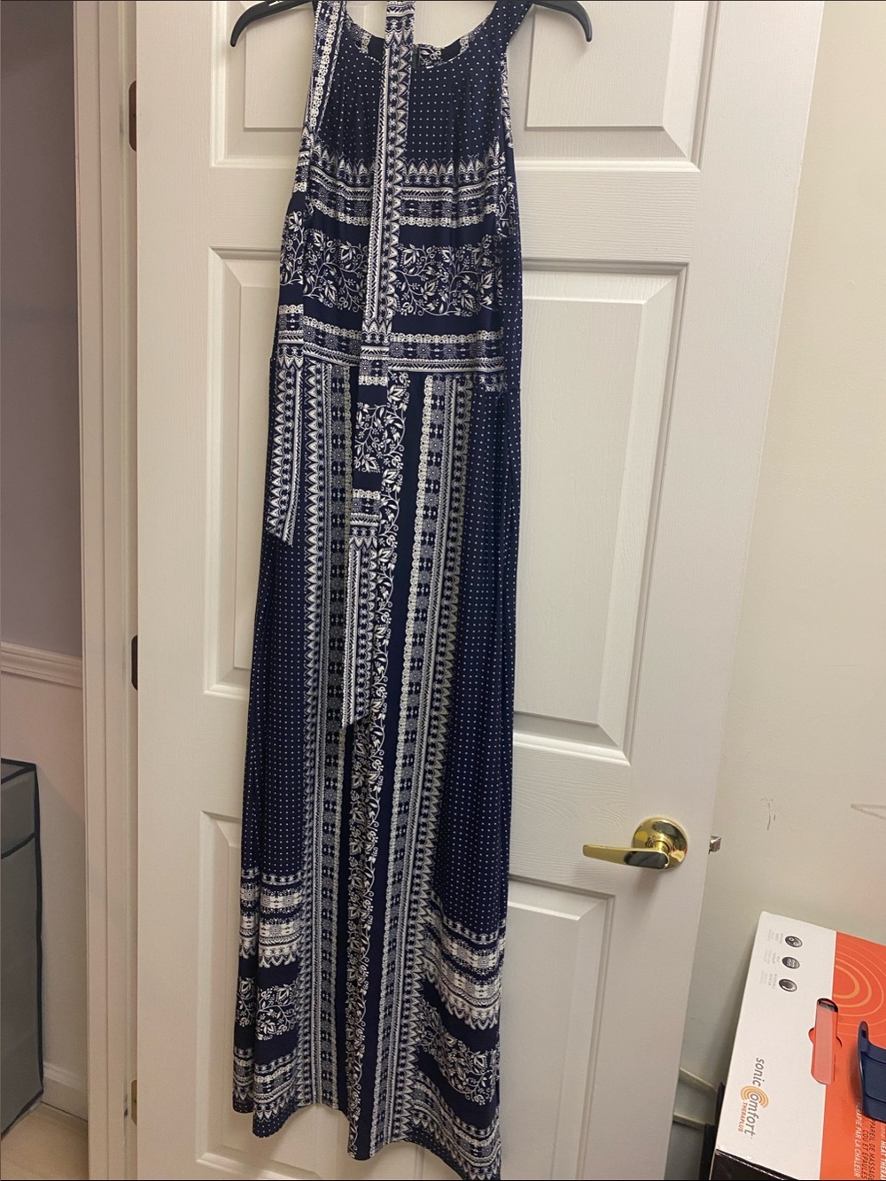 Gabby Skye Navy and White Printed Maxi Dress - size 10